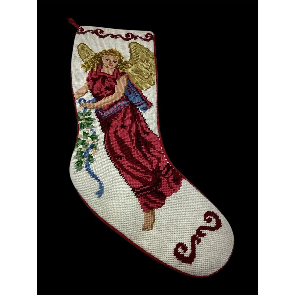 Christmas Stocking Blonde  Angel Holding Garland Wool Needlepoint Decor